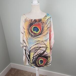 Trac Women's Peacock Design Beaded Detail Tunic Top Size XL